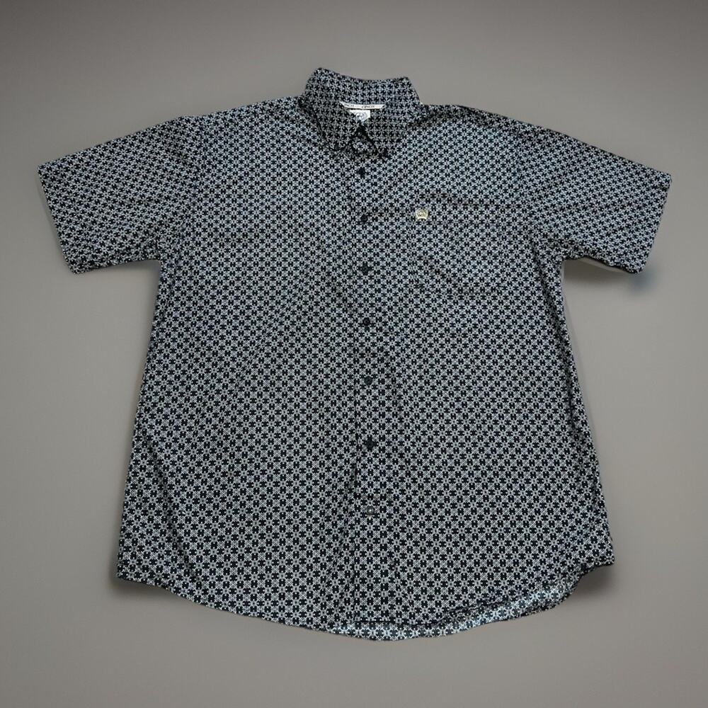 CINCH Mens M Blue Gray Short Sleeve Button Down Shirt Preppy Western Pocket AOP